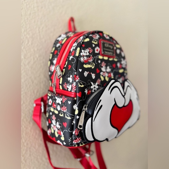 Loungefly | Disney Parks Mickey & Minnie Heart Red Black White Mini Backpack